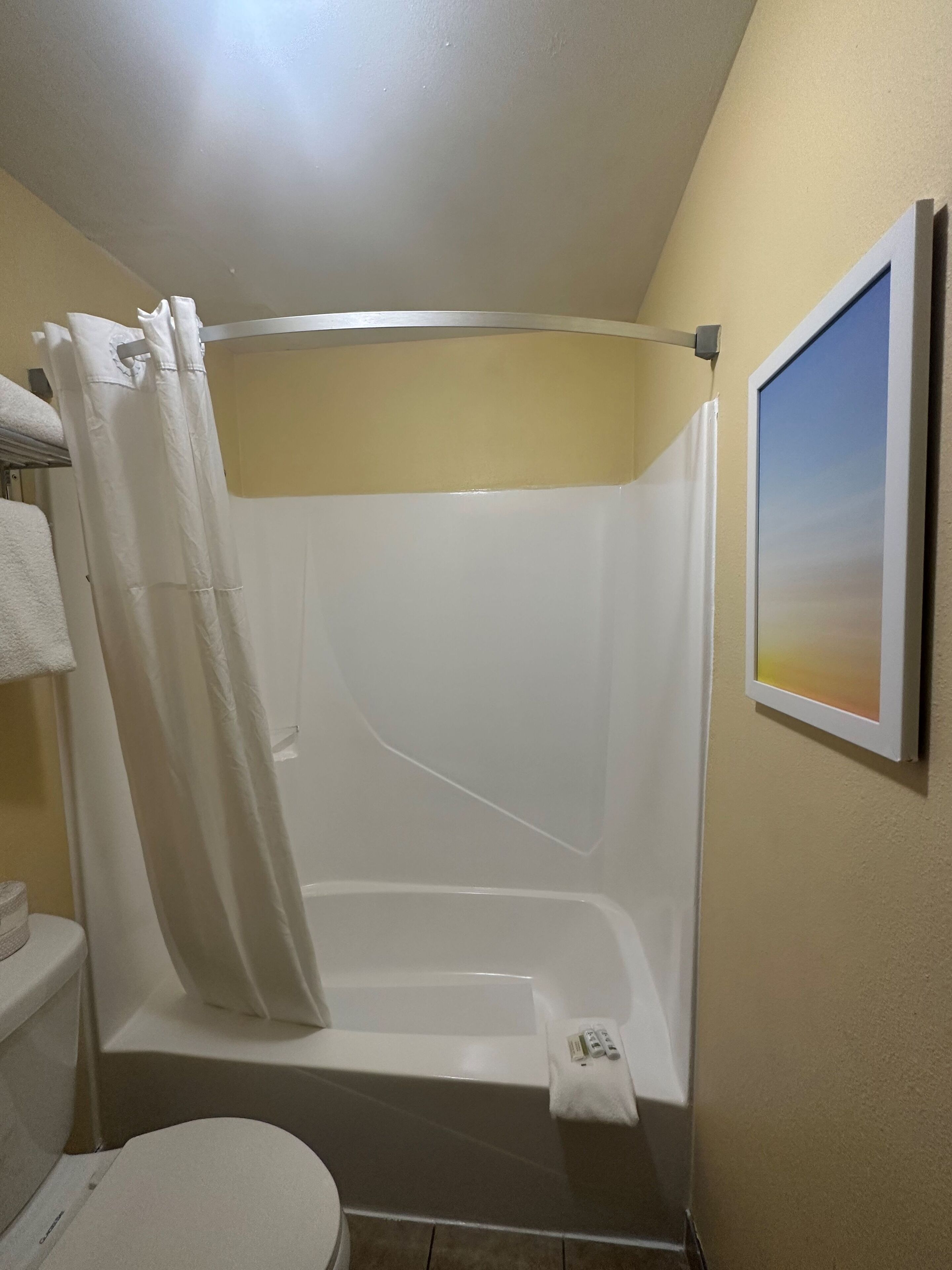 Un baño con ducha, inodoro y barra para toallas.
