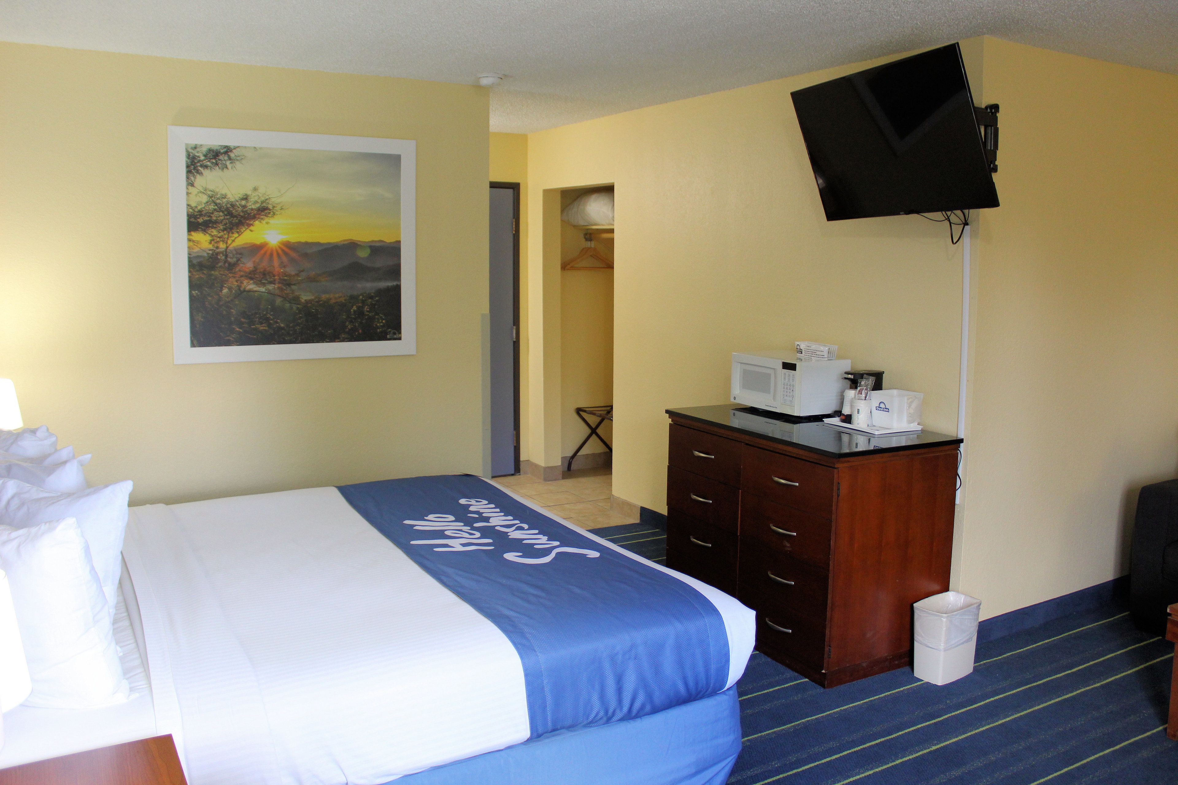 A hotel room with a bed, a desk with a microwave, a television mounted on the wall, and a painting of a sunset.