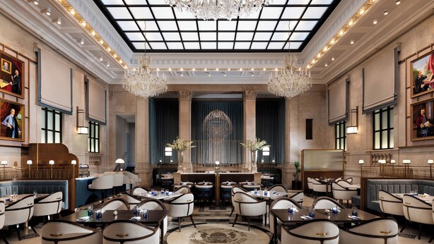 A spacious, elegantly designed dining area with high ceilings, chandeliers, and classic decor. - The Langham, Boston (Boston)