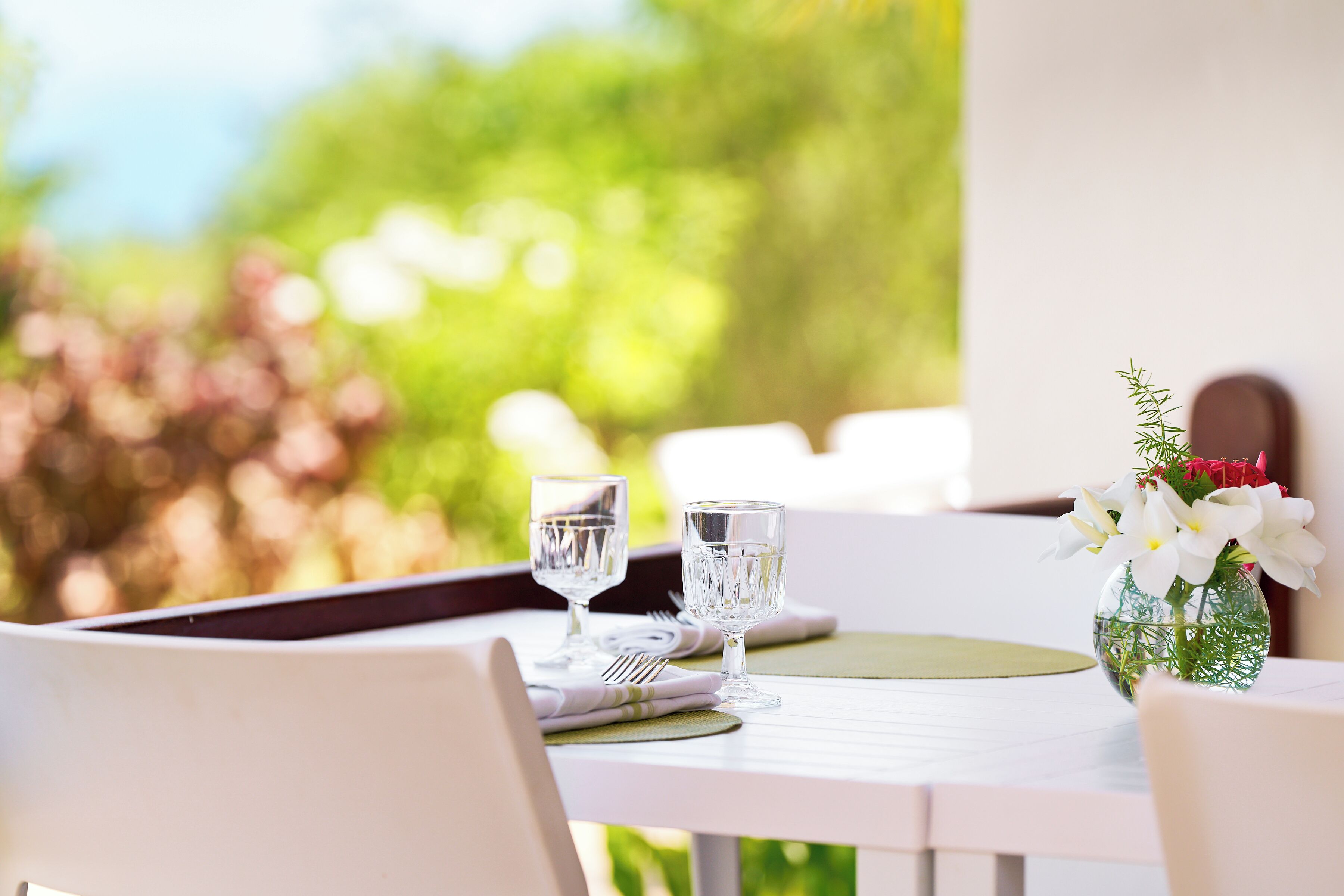 A table set with two wine glasses, a vase with flowers, and a green placemat.