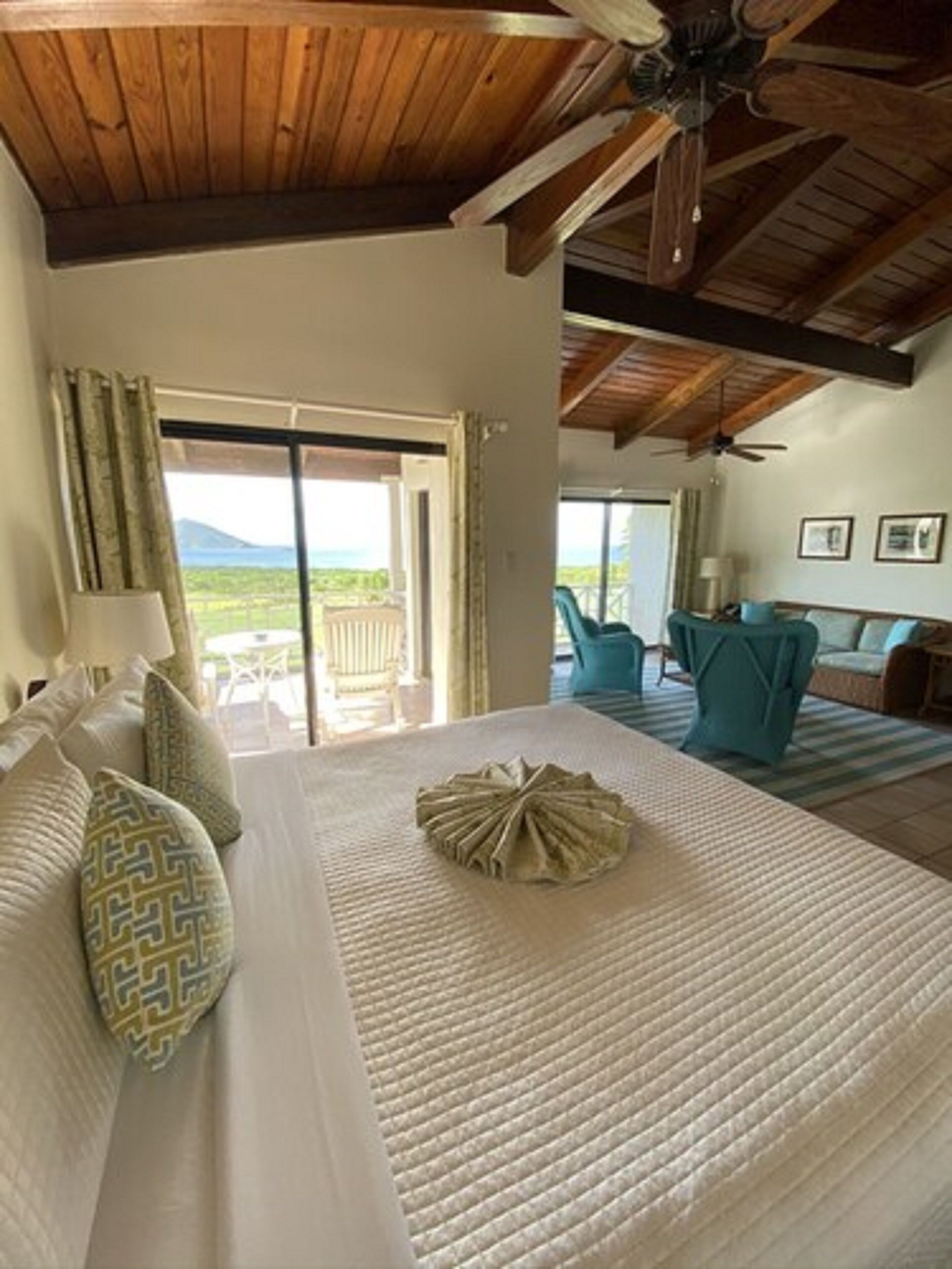 A hotel room with a large bed, a ceiling fan, and a view of the outdoors through a sliding door.