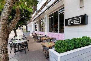 Un espace extérieur aménagé pour les repas, avec des tables et des chaises, une enseigne indiquant le « Biscayne Tavern », et un bac à fleurs orné de plantes vertes.