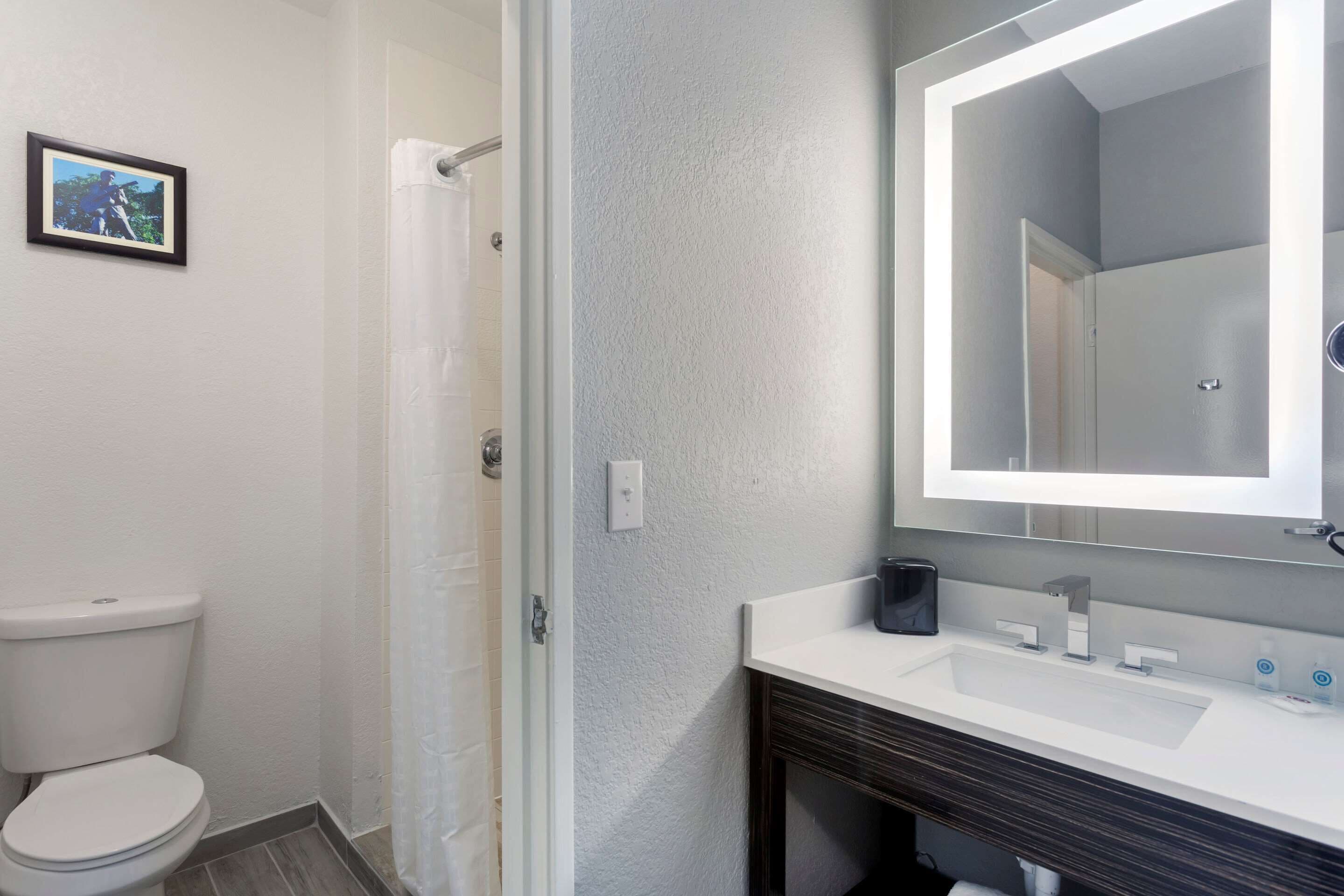 A bathroom with a toilet, shower, and sink with a mirror.