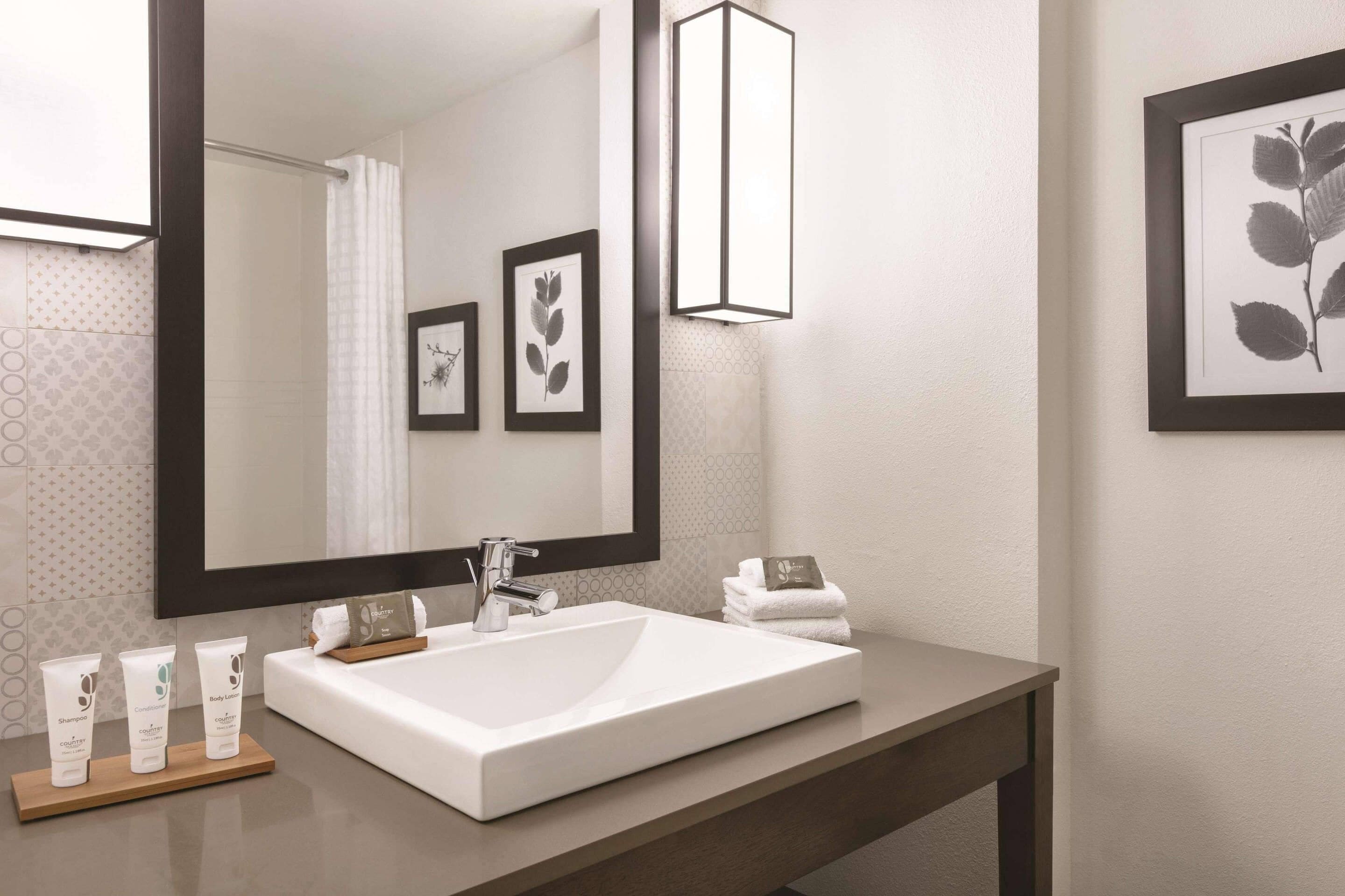 A modern bathroom with a large mirror, a white sink, and framed botanical prints on the wall.
