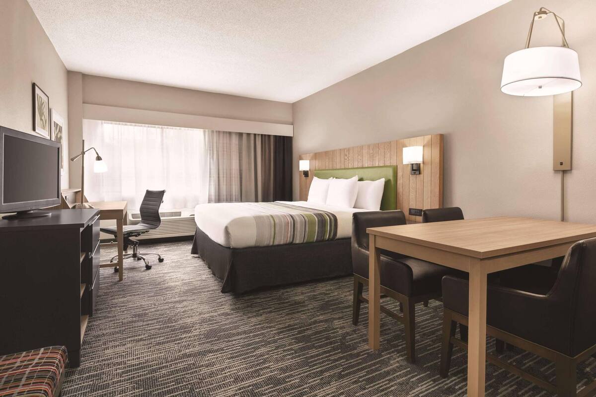 A hotel room with a bed, desk, chair, TV, and a lamp.