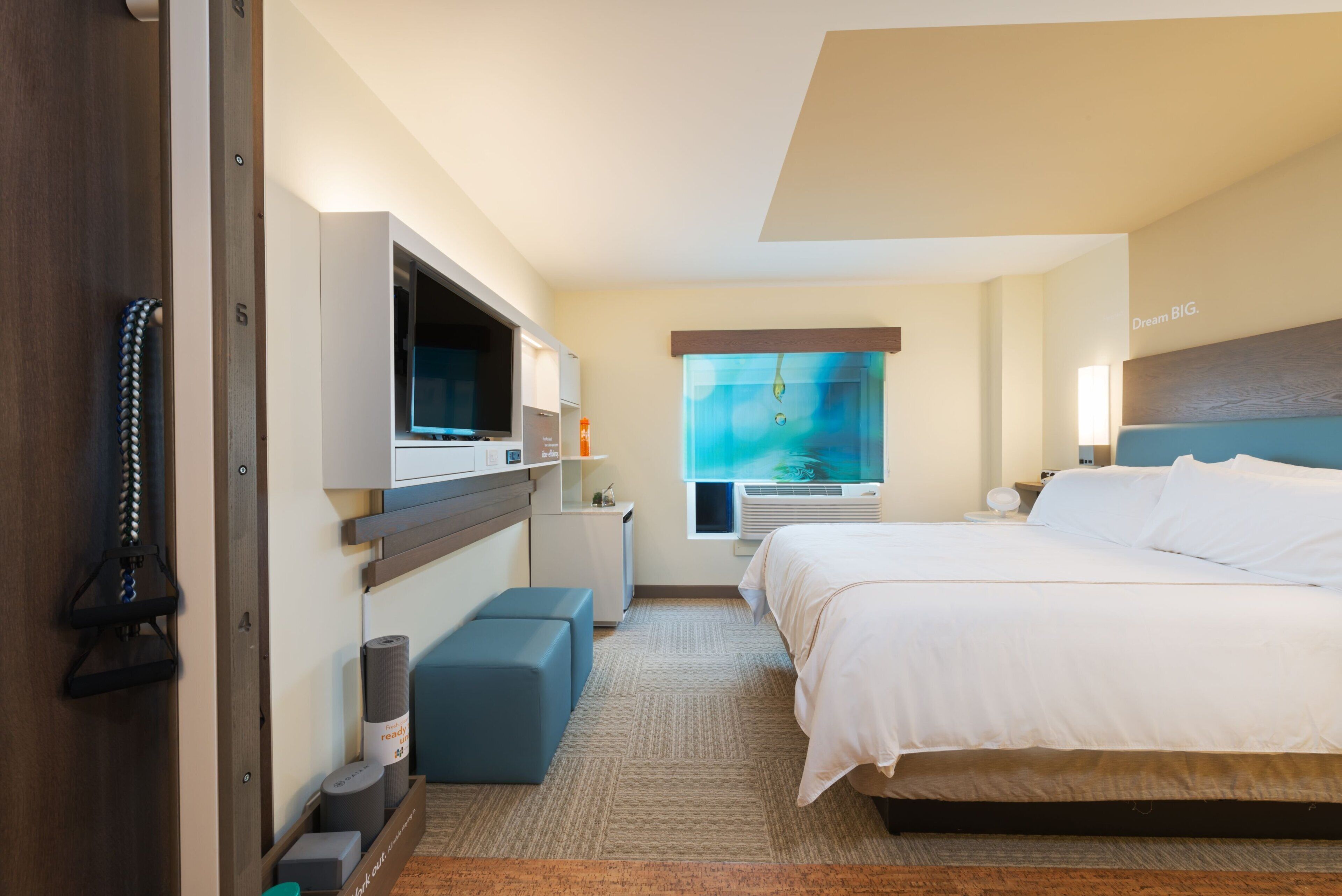 Habitación de hotel con cama, escritorio, televisor, ventana con vistas y zona de baño.