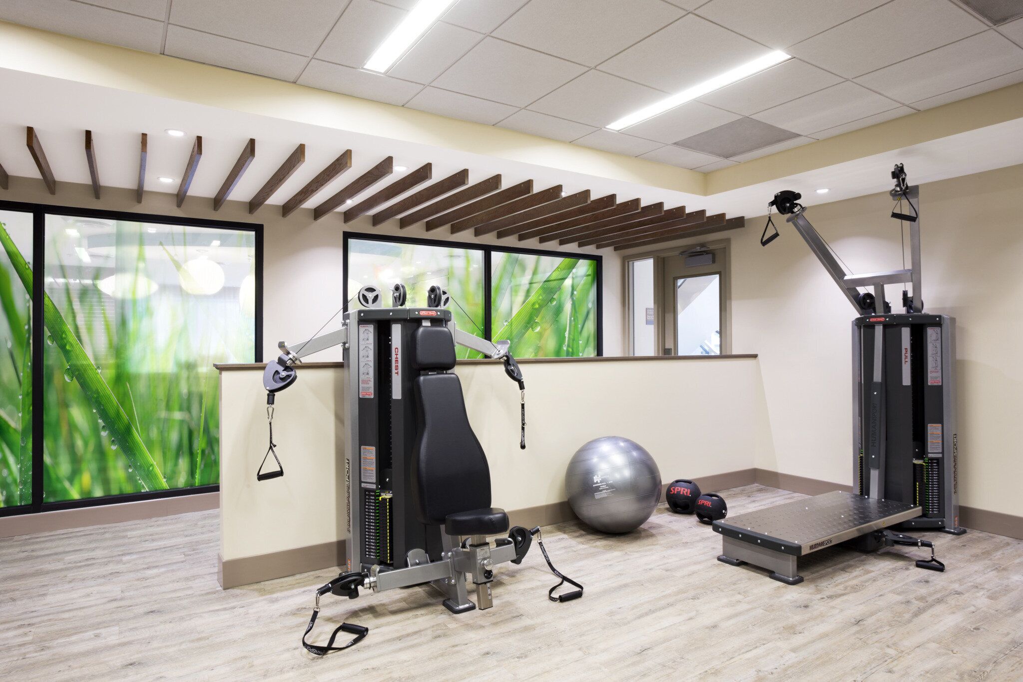 A gym with exercise equipment, a pull-up bar, a medicine ball, and a bench.