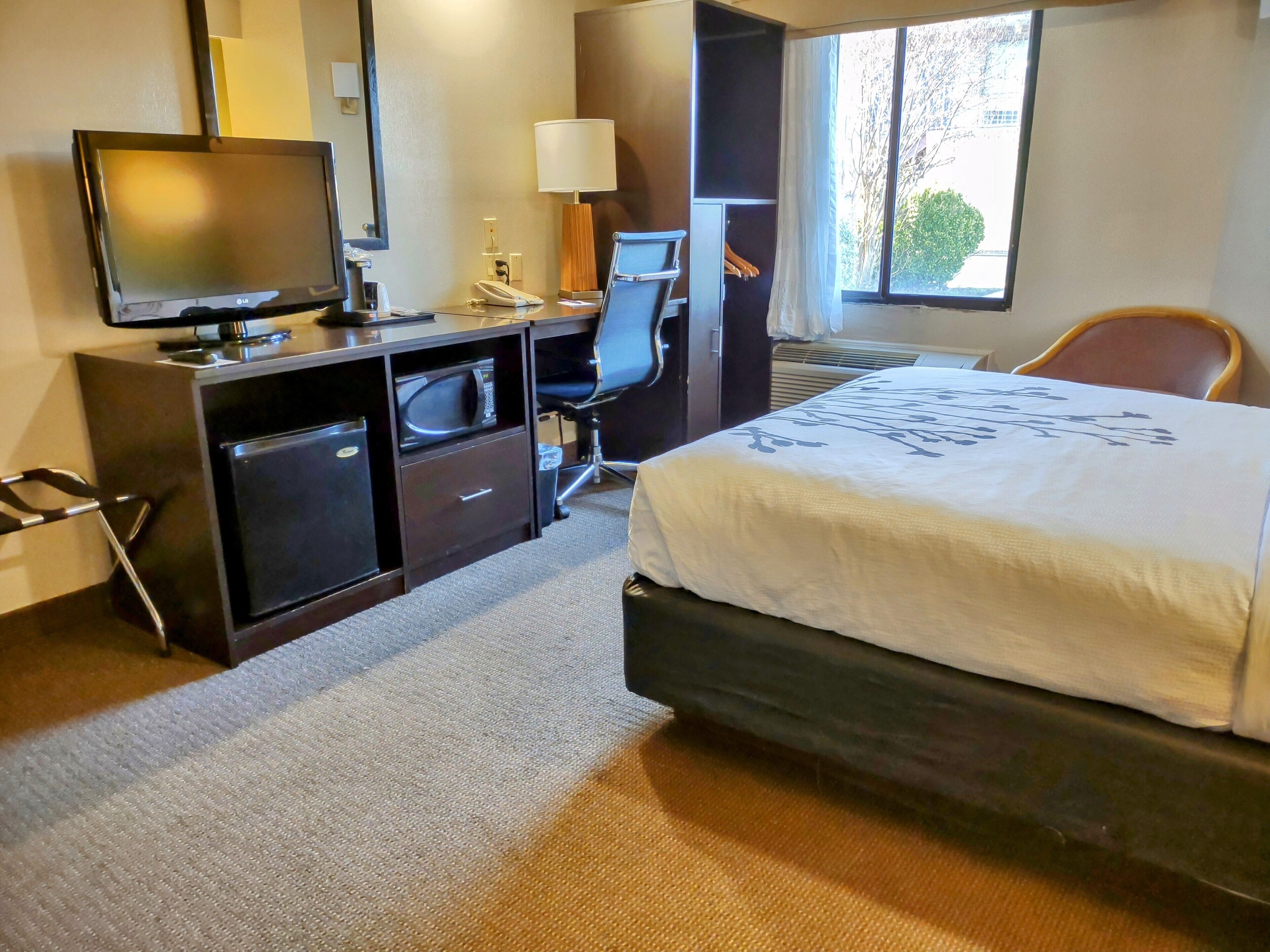 Une chambre d’hôtel équipée d’un lit, d’un bureau, d’une chaise, d’une télévision et d’une fenêtre donnant sur un paysage agréable.