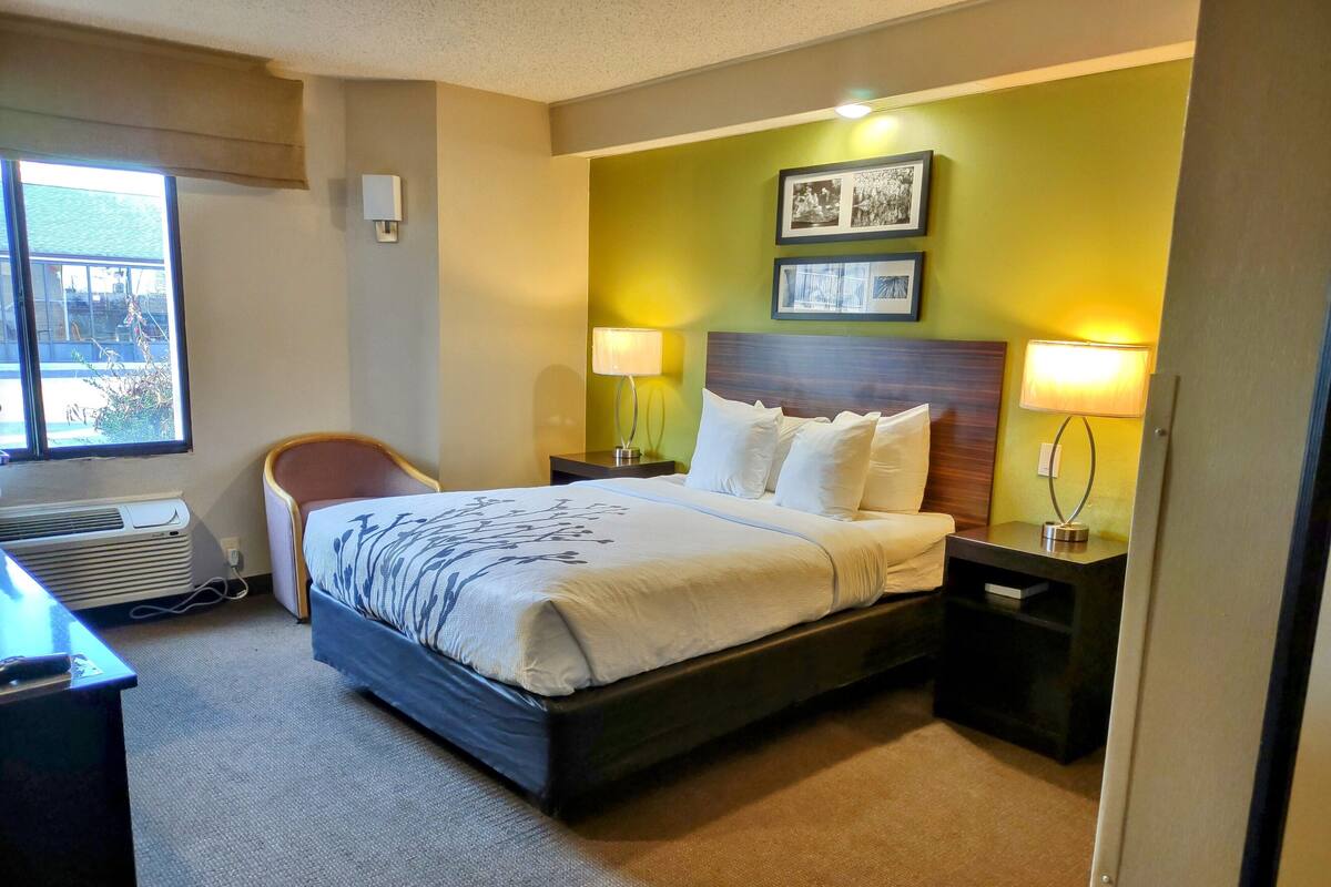 Habitación de hotel con una cama grande, dos mesitas de noche con lámparas, una silla y un ventanal con aire acondicionado.