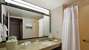 Une salle de bain d’hôtel équipée d’un lavabo, d’un miroir, d’un porte-serviettes et d’un rideau de douche.