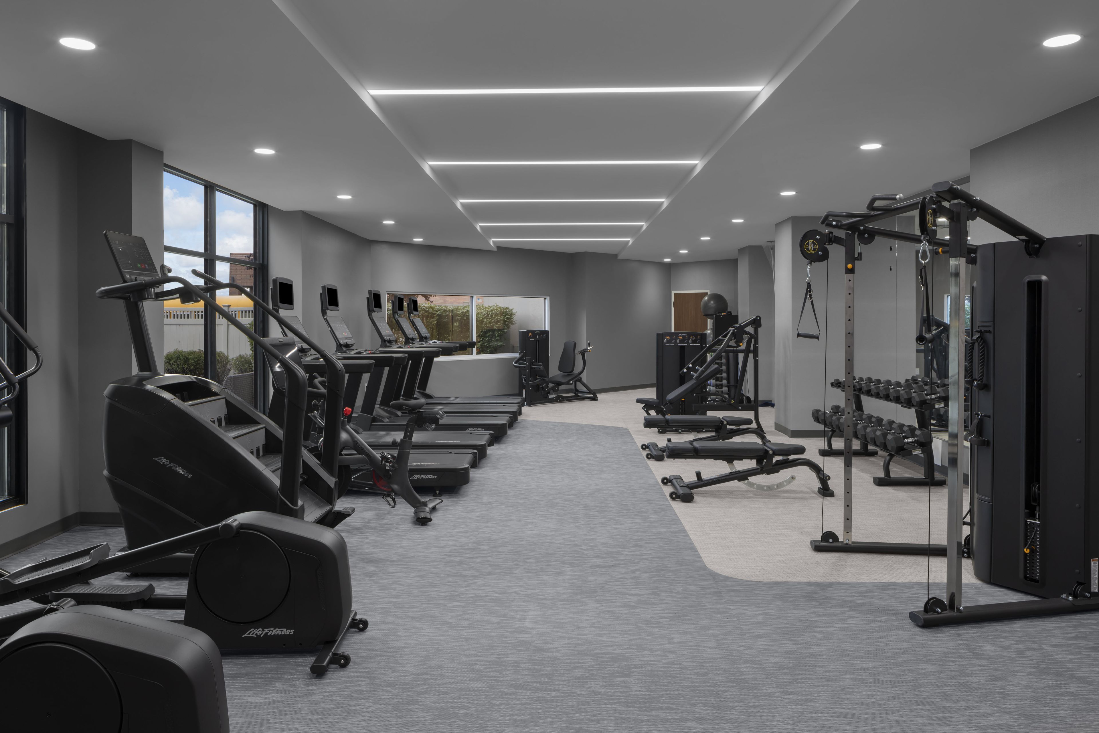 A modern gym with treadmills, weight machines, and dumbbells.