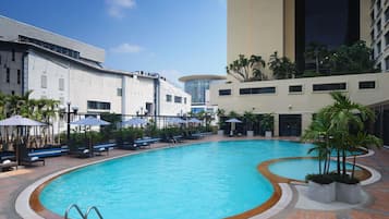 Outdoor pool, pool umbrellas, pool loungers