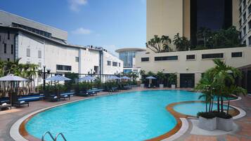 Outdoor pool, pool umbrellas, pool loungers