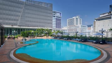 Outdoor pool, pool umbrellas, pool loungers