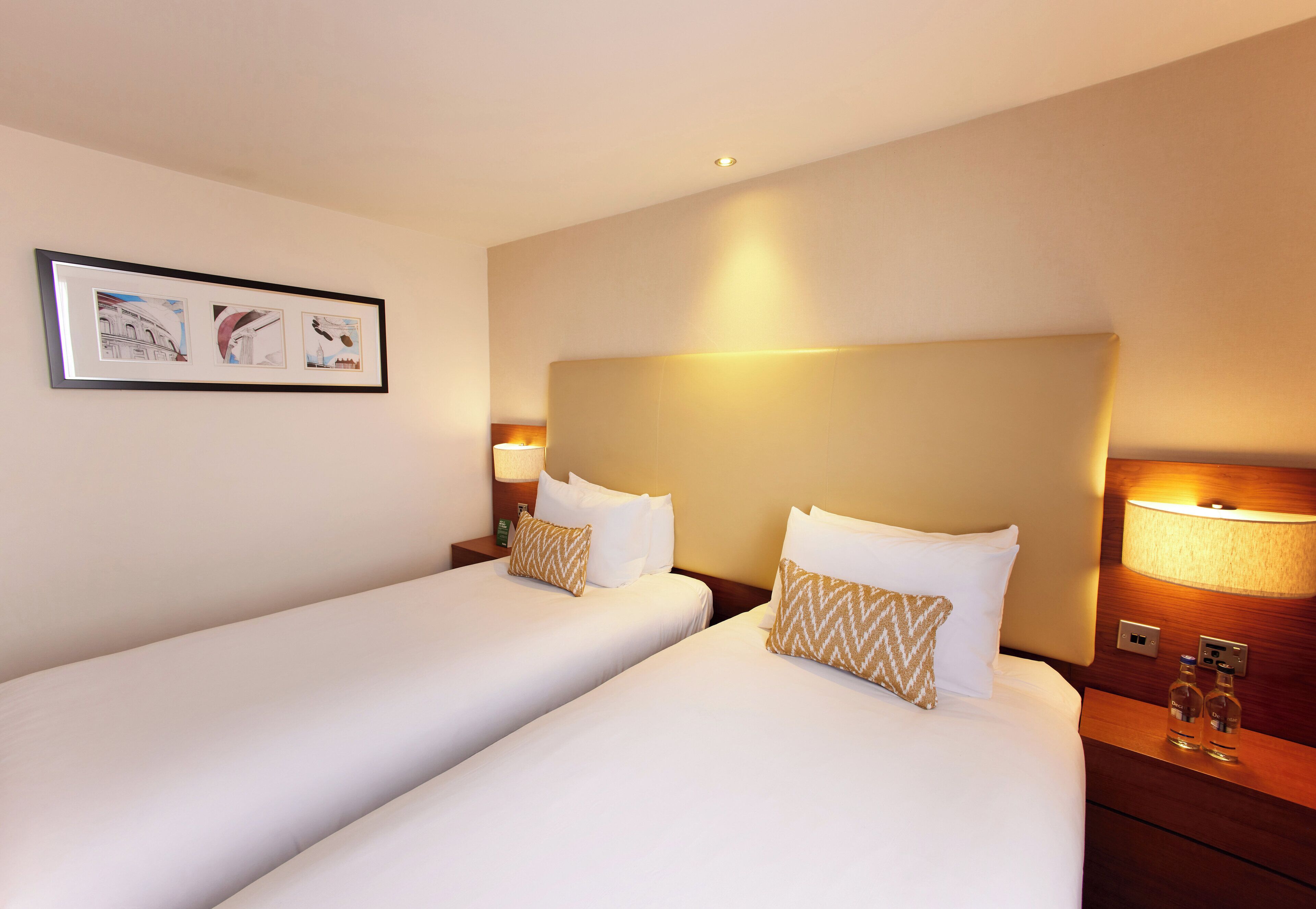 A hotel room with two single beds, a framed picture on the wall, and a nightstand with a lamp and two bottles.