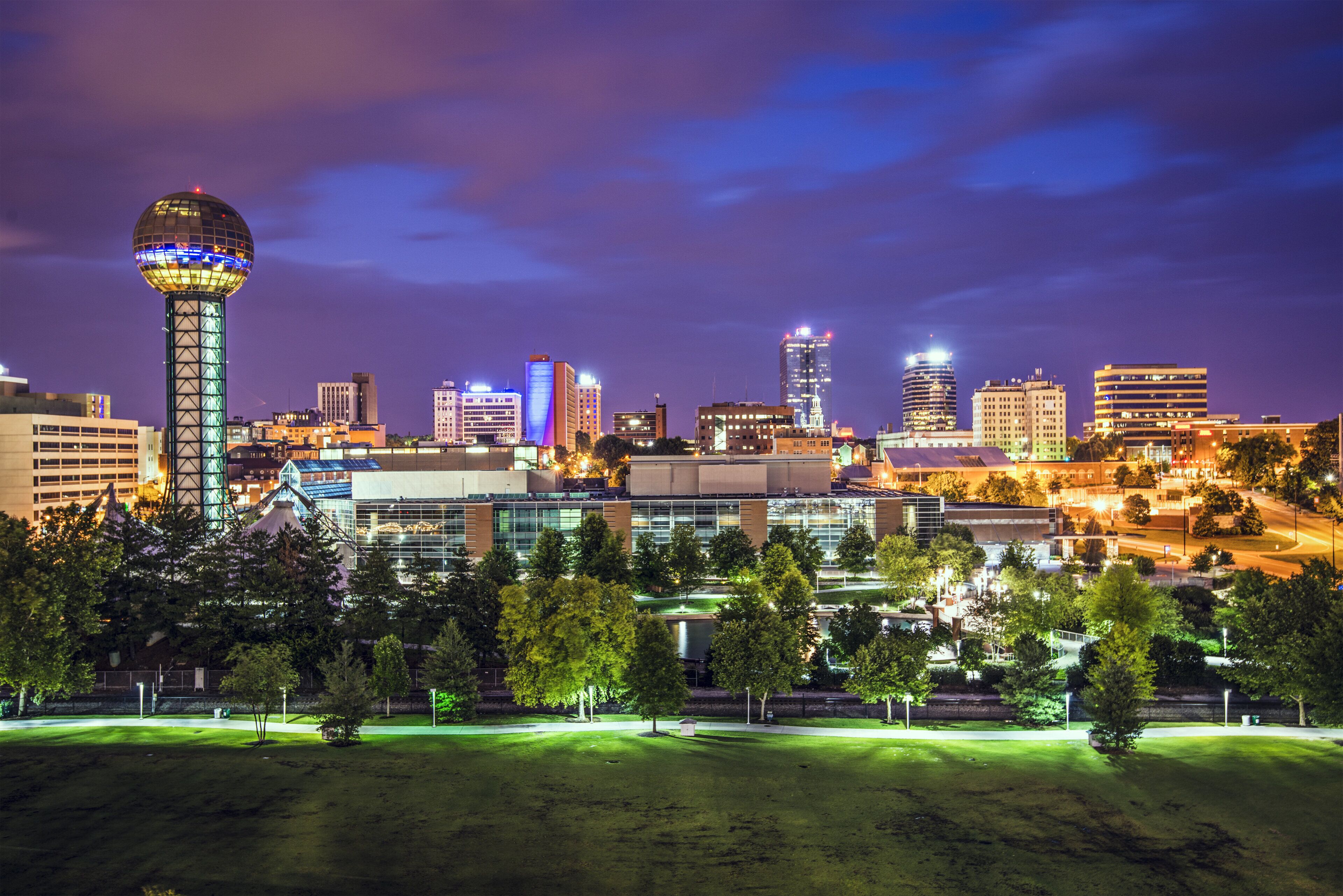 A city skyline at night with illuminated buildings, a prominent tower, and a park area with trees.