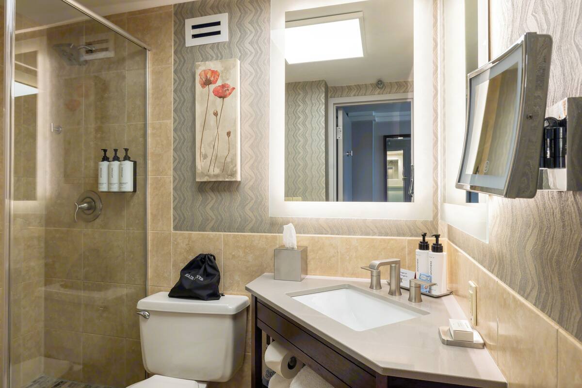 Et badeværelse med bruser, toilet, håndvask og spejl.