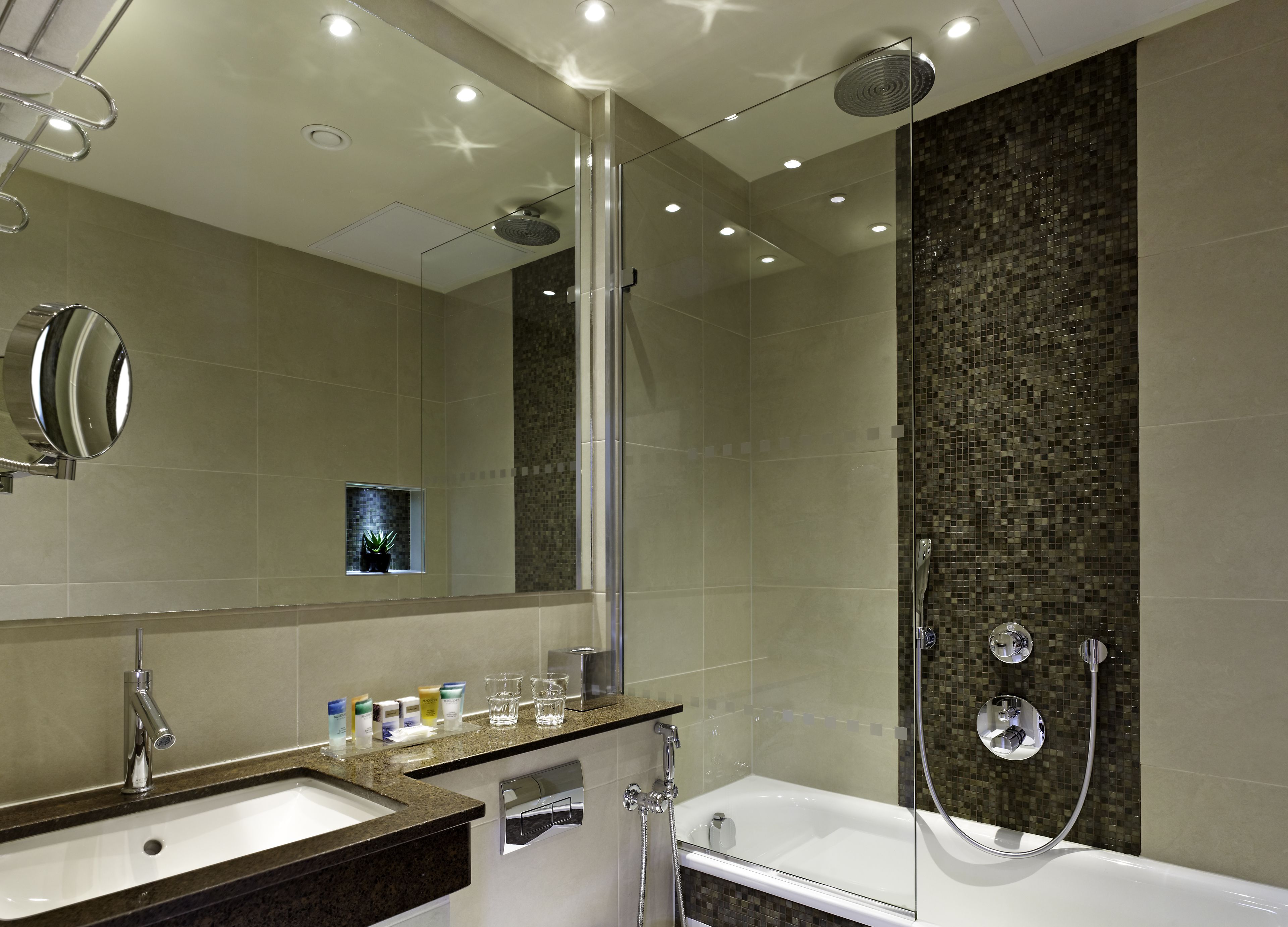 combined shower/bathtub, rainfall showerhead, eco-friendly toiletries