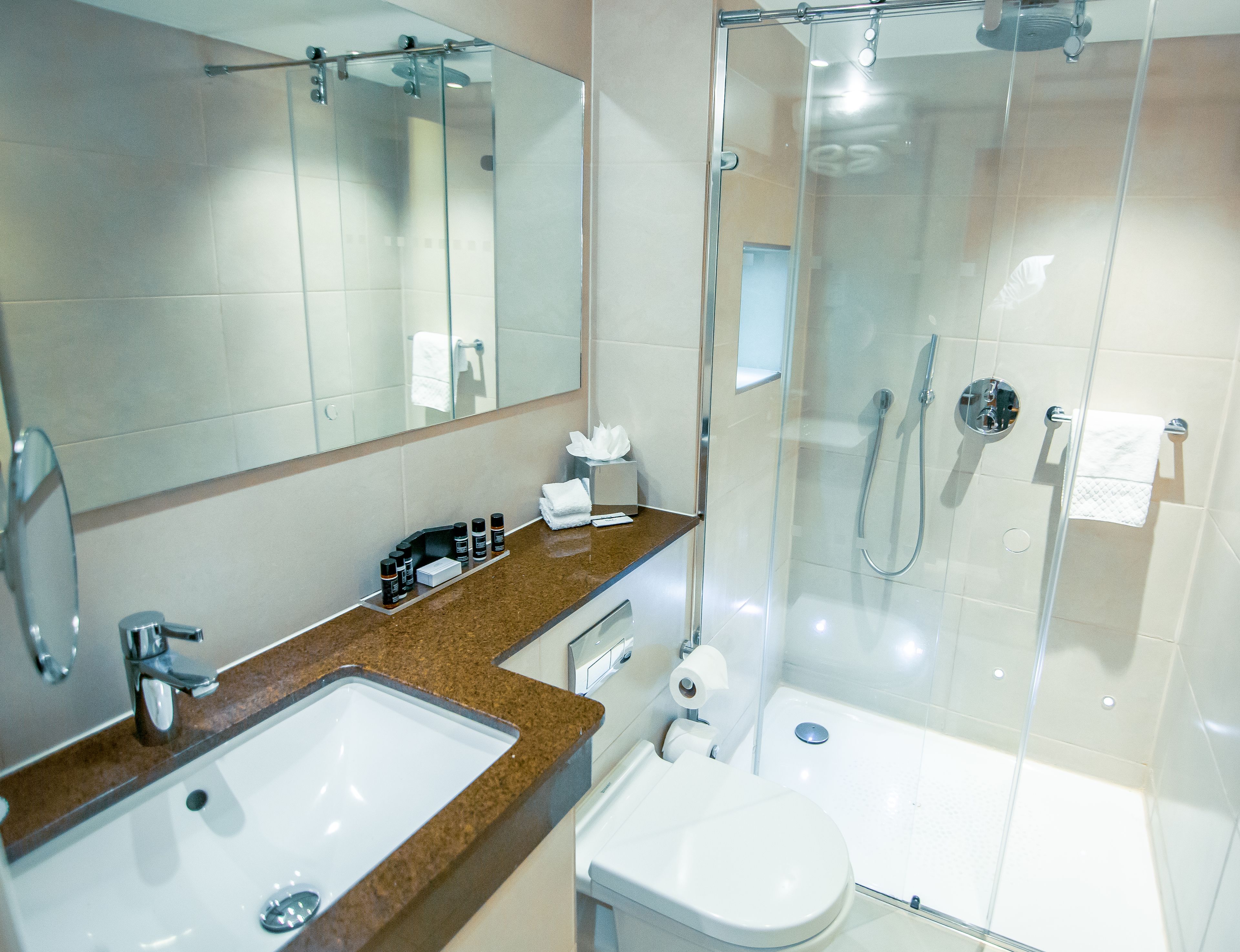 combined shower/bathtub, rainfall showerhead, eco-friendly toiletries