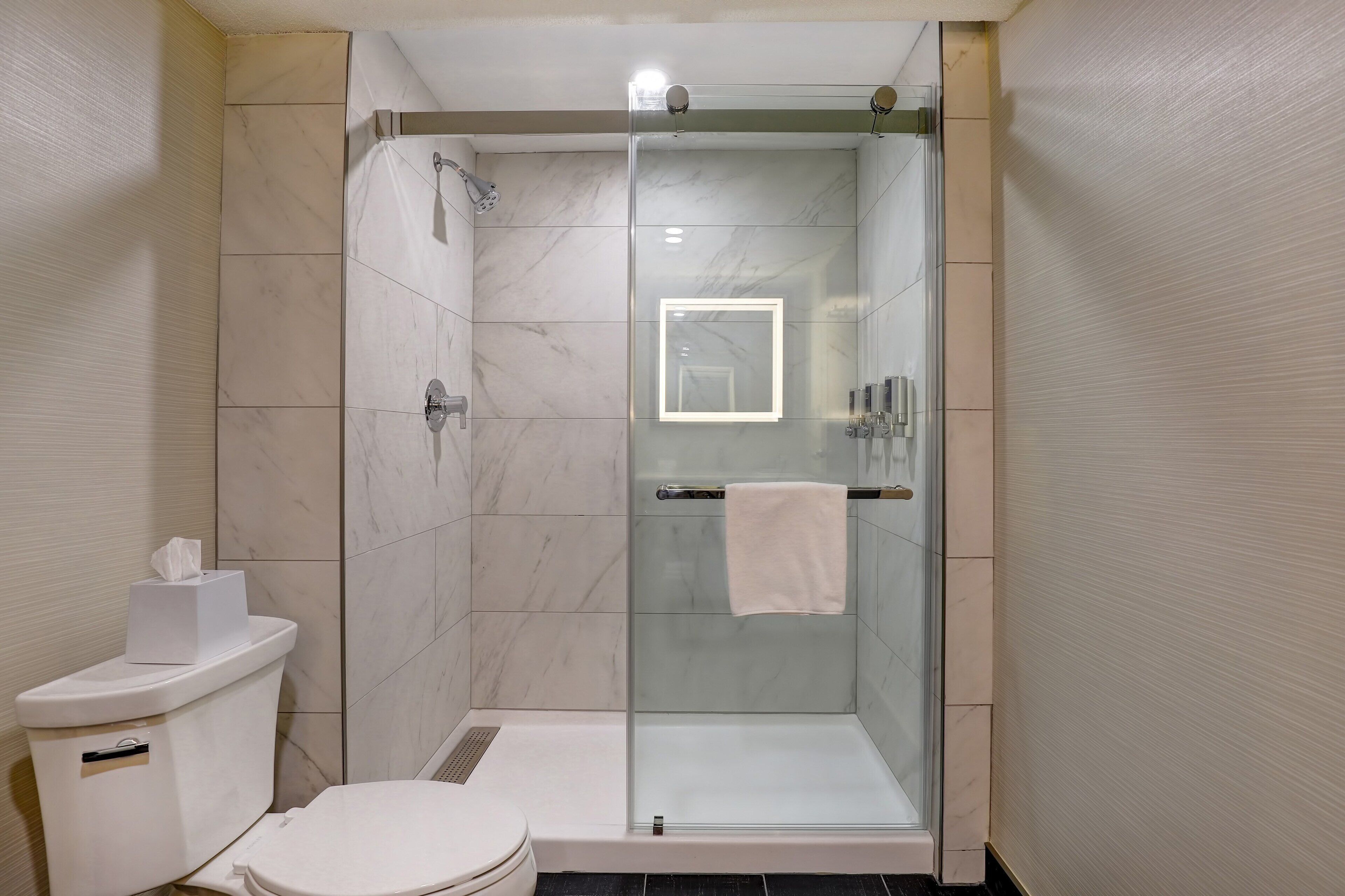 A modern bathroom with a glass-enclosed shower, a toilet, and a sink.