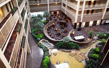 A multi-level atrium with outdoor seating areas, a water feature, and balconies.