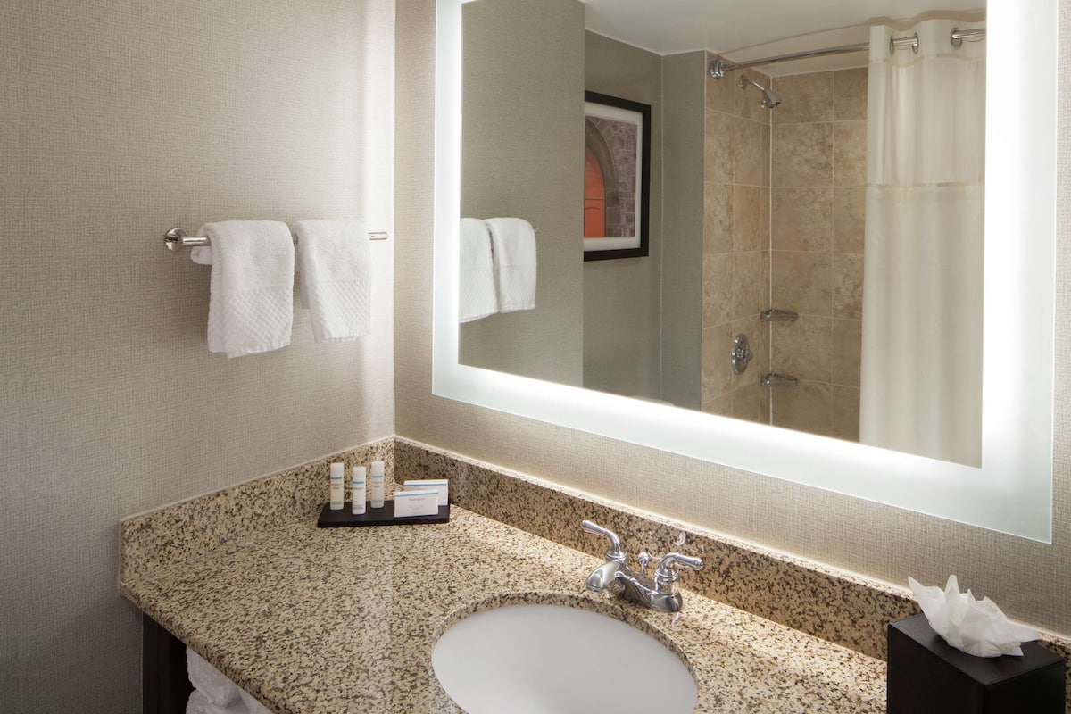 designer toiletries, hair dryer, towels