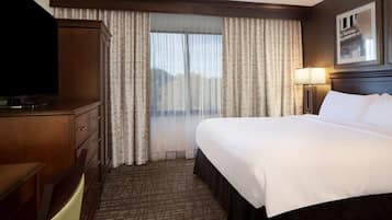 Habitación de hotel con una cama grande, televisión, escritorio y ventana con cortinas.