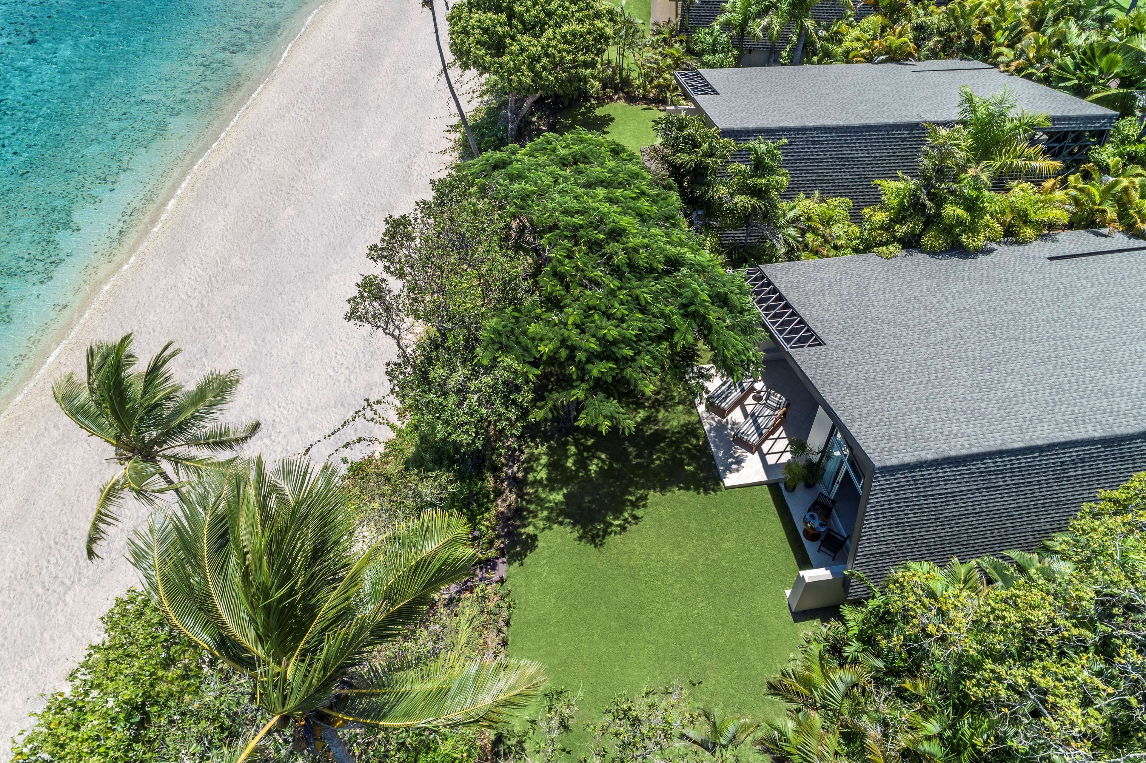 Vue aérienne d’une propriété située en bord de mer, avec un grand arbre, une pelouse et un bâtiment doté d’un toit foncé.