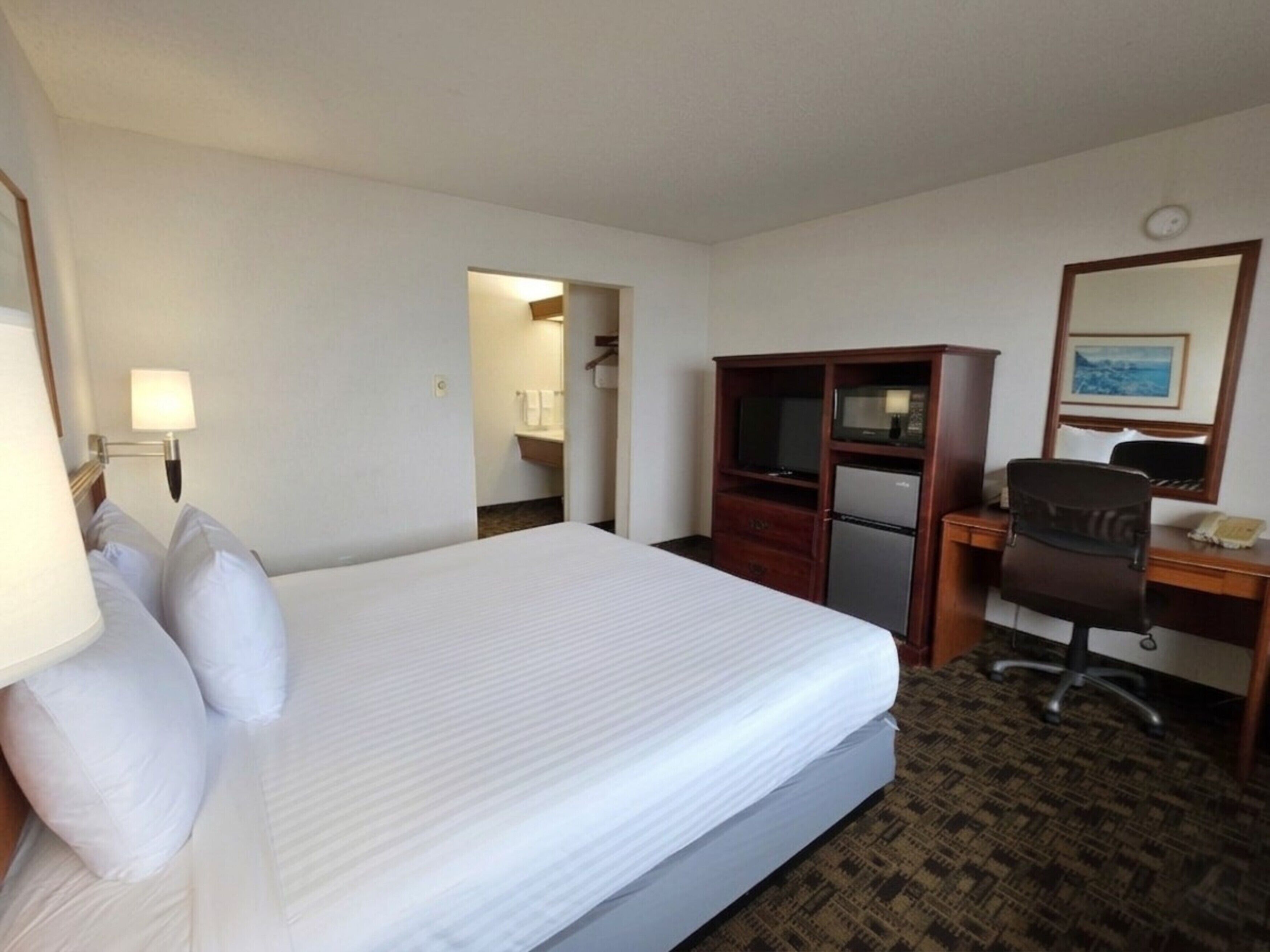 A hotel room with a large bed, a desk with a chair, a microwave, and a television.