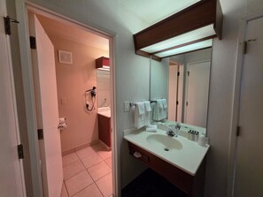 Combined shower/bathtub, free toiletries, hair dryer, towels