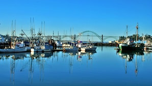 A marina with various boats docked, a bridge in the background, and calm water reflecting the boats. - Seagrass Oceanfront Inn (Newport)