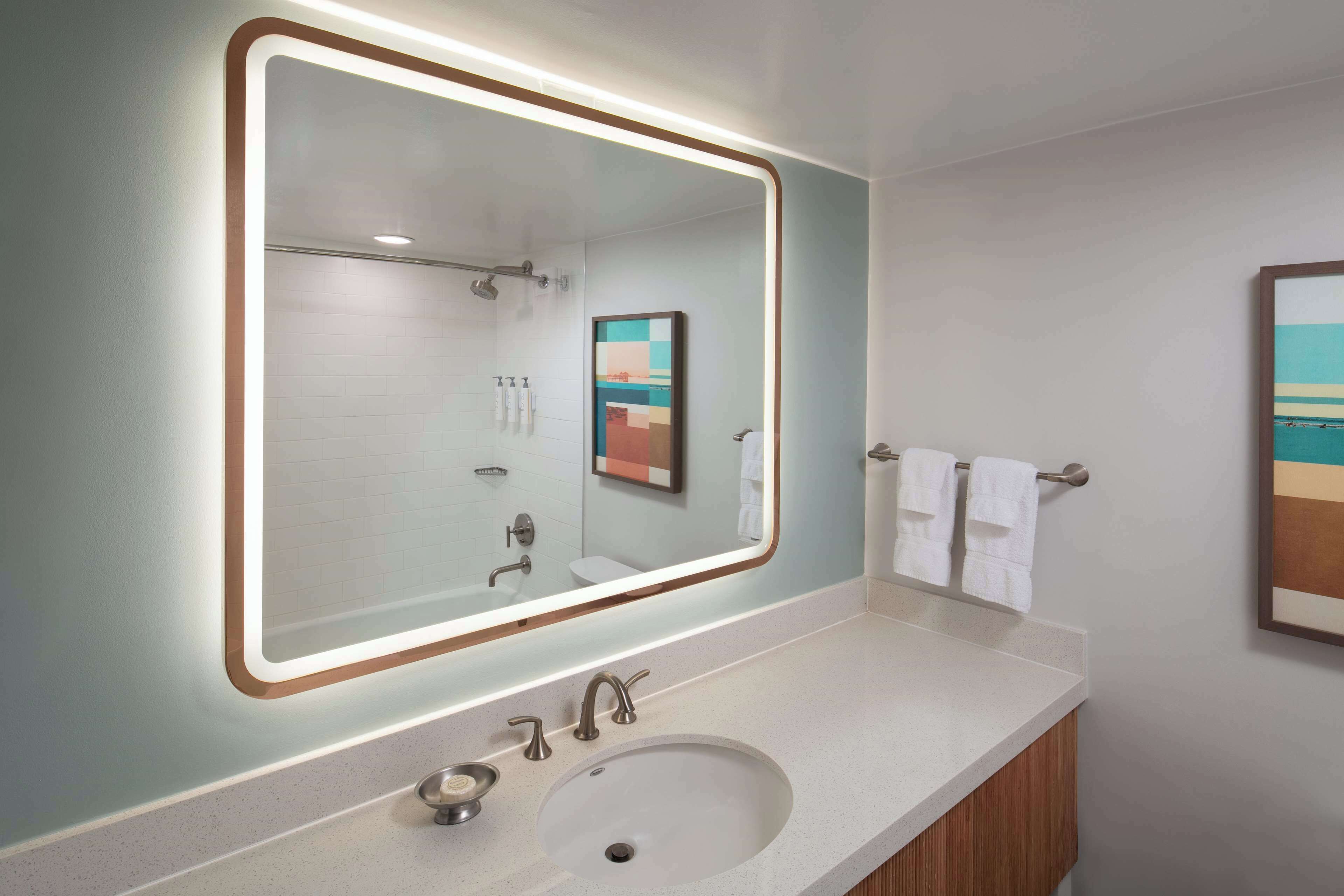 Une salle de bain moderne avec un grand miroir, un lavabo et une douche.