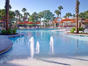 2 outdoor pools, open 8:00 AM to 8:00 PM, pool cabanas (surcharge)