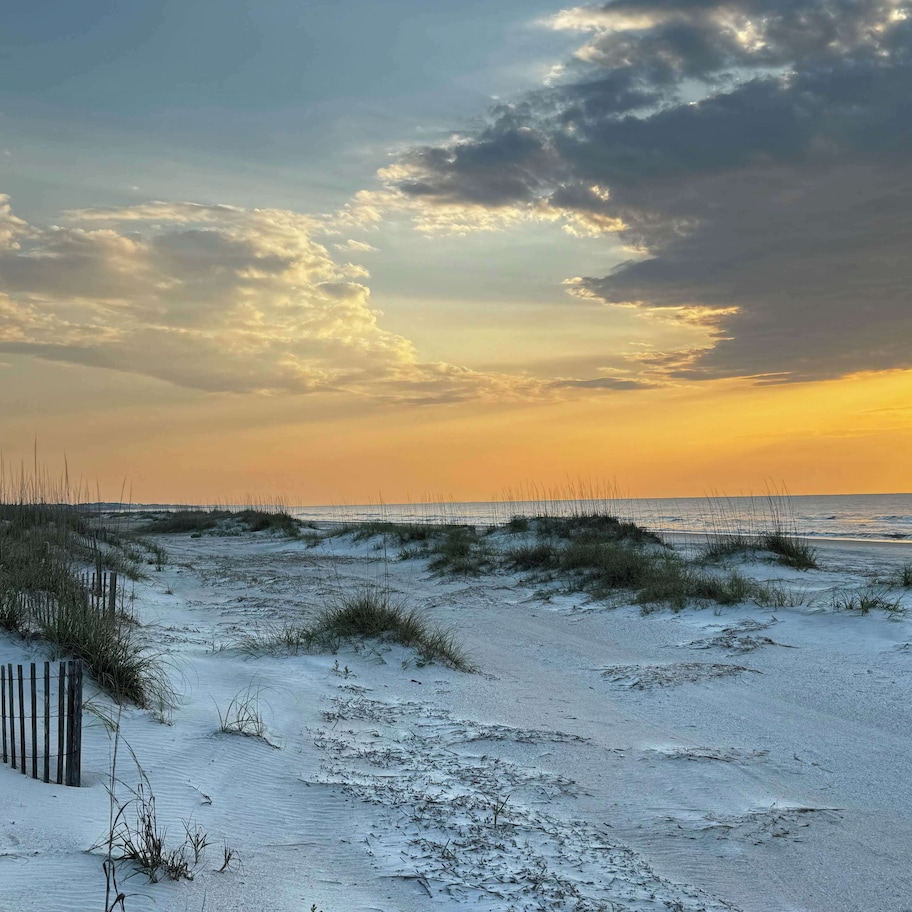 A beach with sand dunes and a wooden fence.