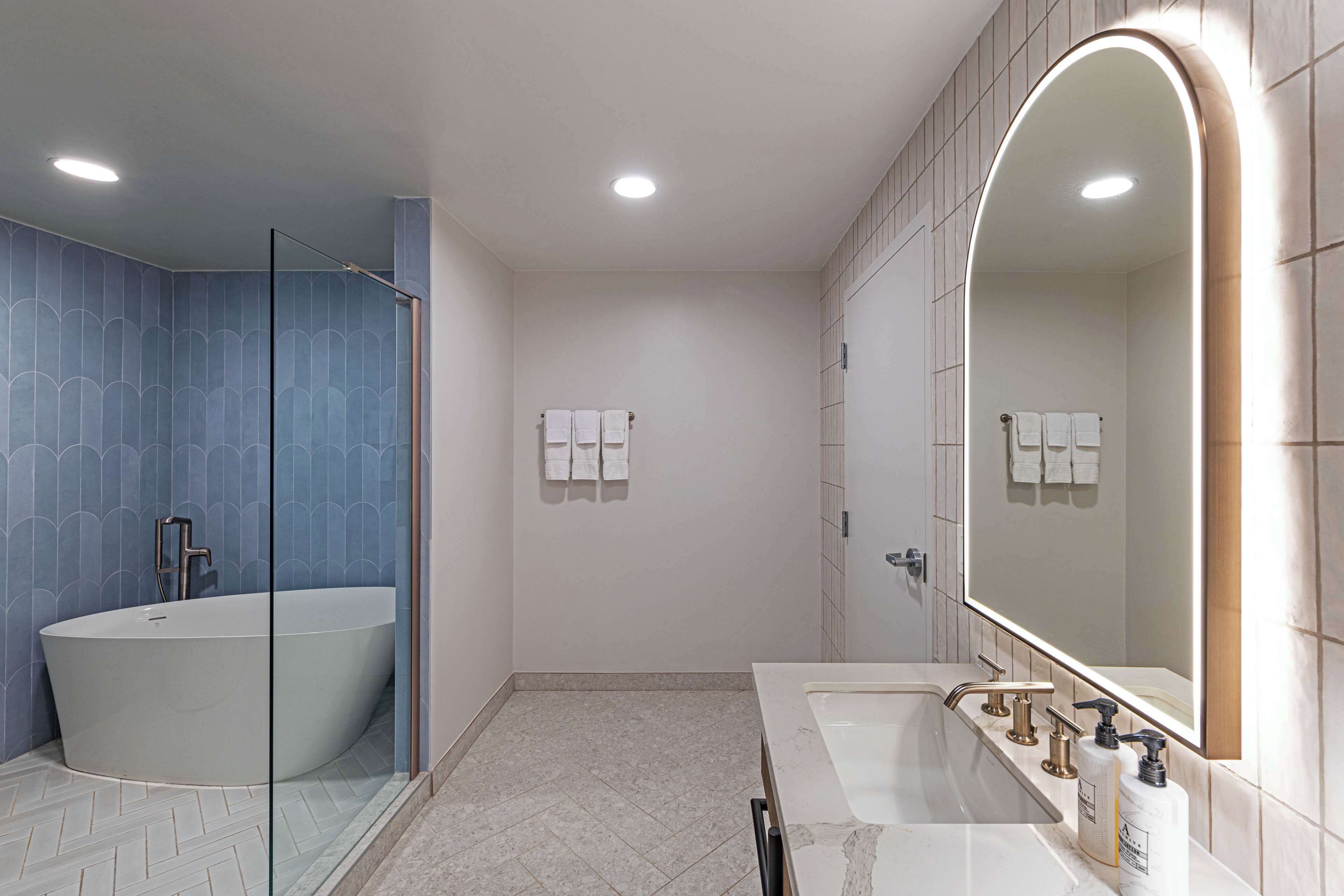 A modern bathroom with a freestanding bathtub, a glass-enclosed shower, and a vanity with a large mirror.