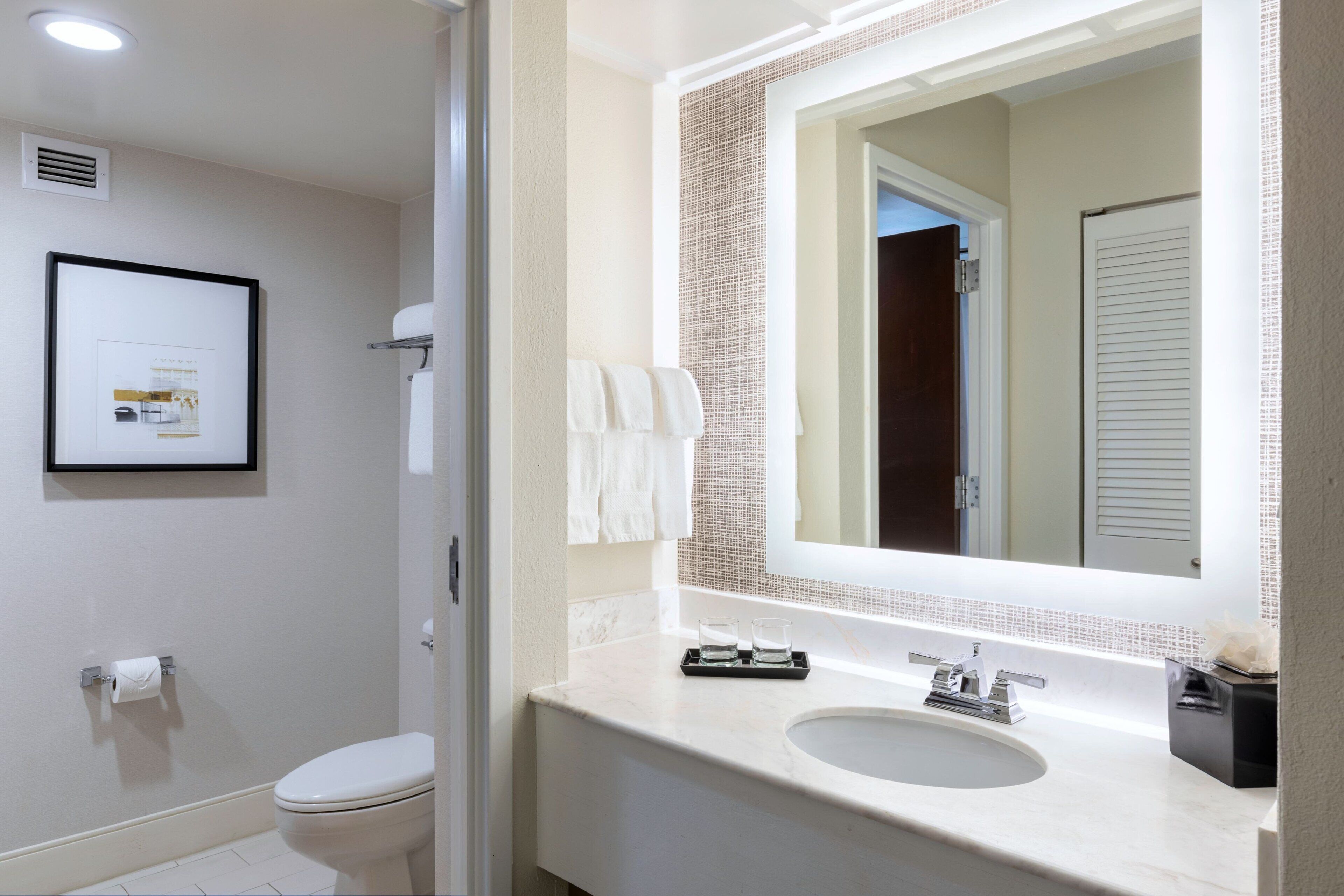 combined shower/bathtub, free toiletries, hair dryer, towels