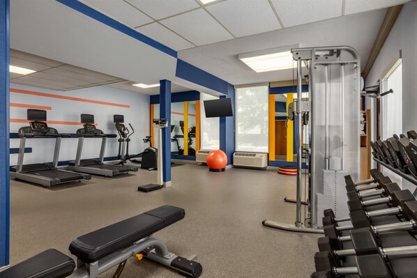 A gym with treadmills, a stationary bike, a rowing machine, a bench press, and a set of dumbbells.
