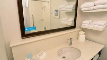 Combined shower/tub, eco-friendly toiletries, hair dryer, towels