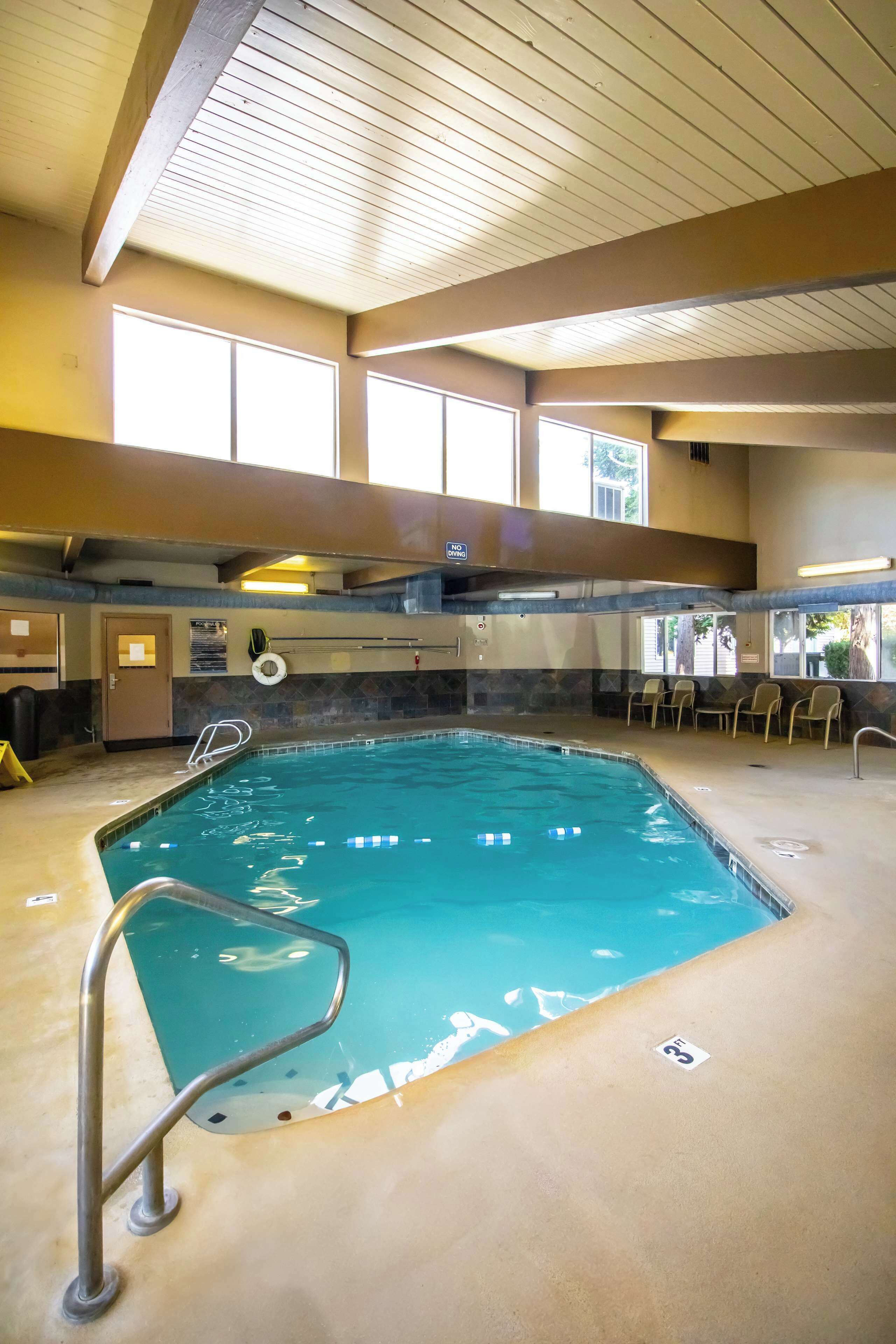 Une piscine intérieure avec des lignes de démarcation bien visibles, un poste de surveillance pour le sauveteur et un espace aménagé au bord du bassin avec des chaises.