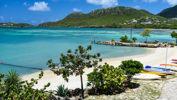 A beach with clear turquoise water, a sandy shore, and several boats. - Catamaran Hotel Marina (Falmouth Harbour)