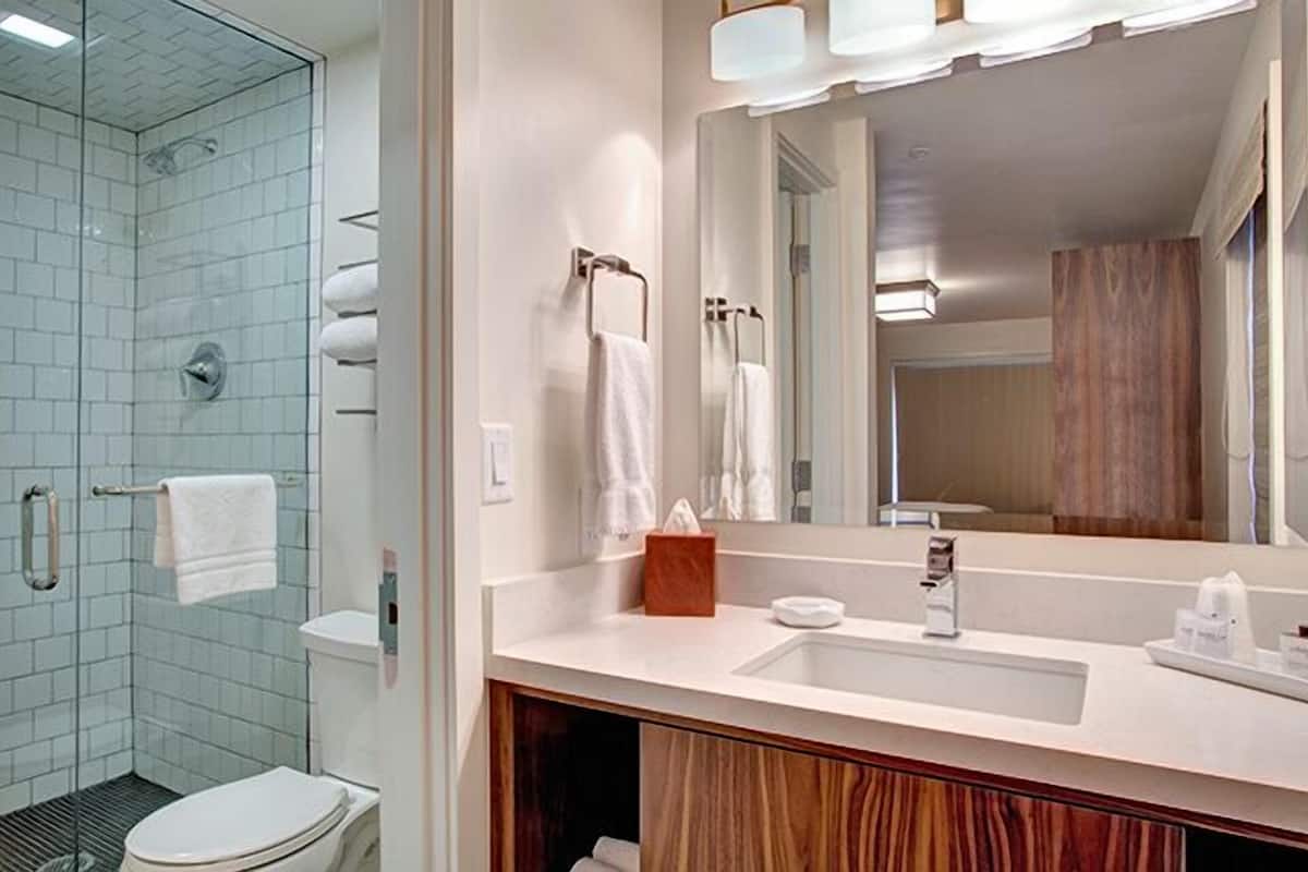 combined shower/bathtub, free toiletries, hair dryer, bathrobes