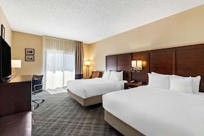 Premium bedding, pillowtop beds, desk, laptop workspace