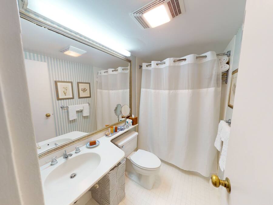 A bathroom with a sink, toilet, and shower curtain.