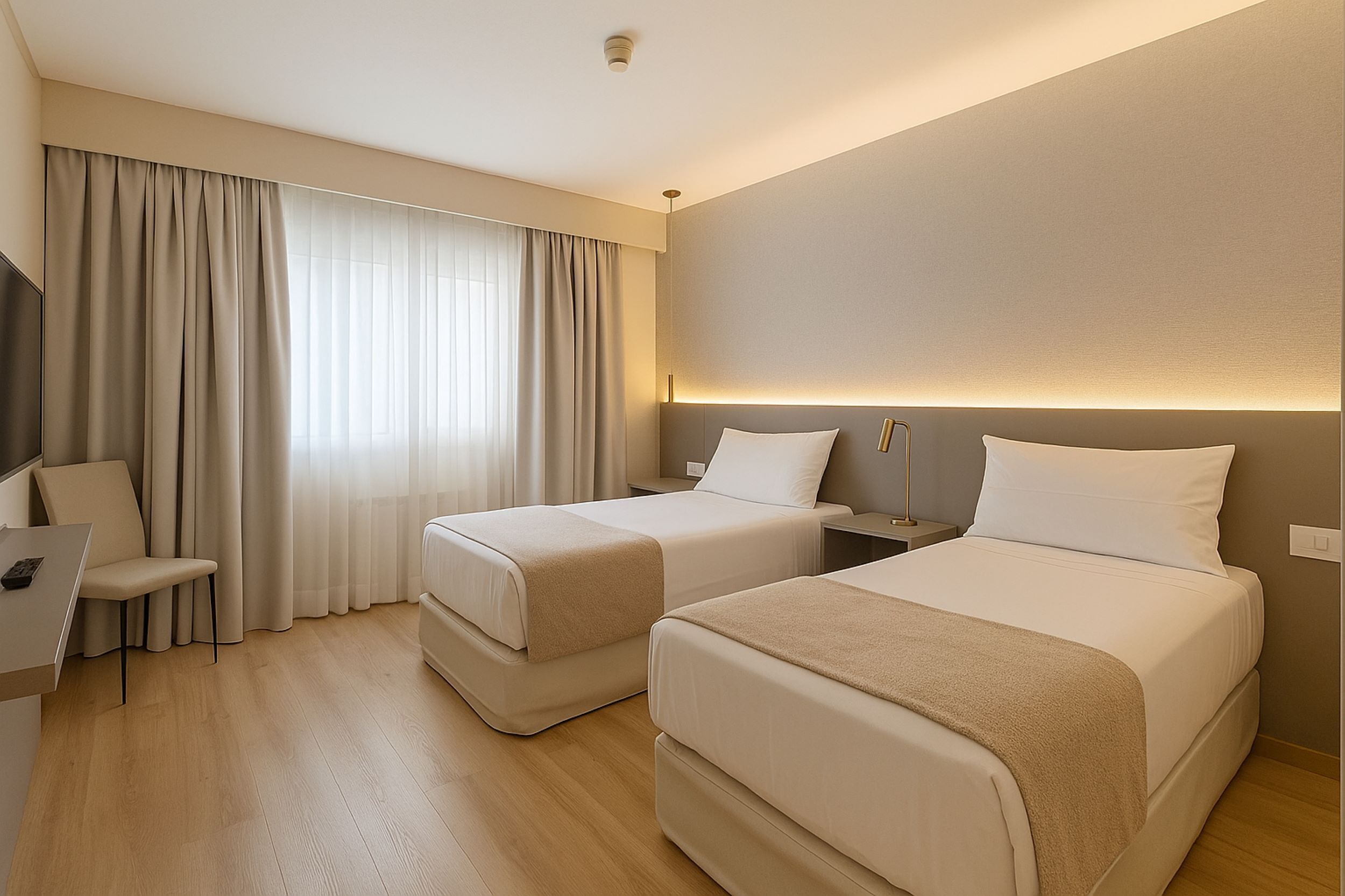 A hotel room with two beds, a desk, a chair, and a TV.