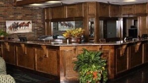 A kitchen with wooden cabinets, a central island, and a potted plant.
