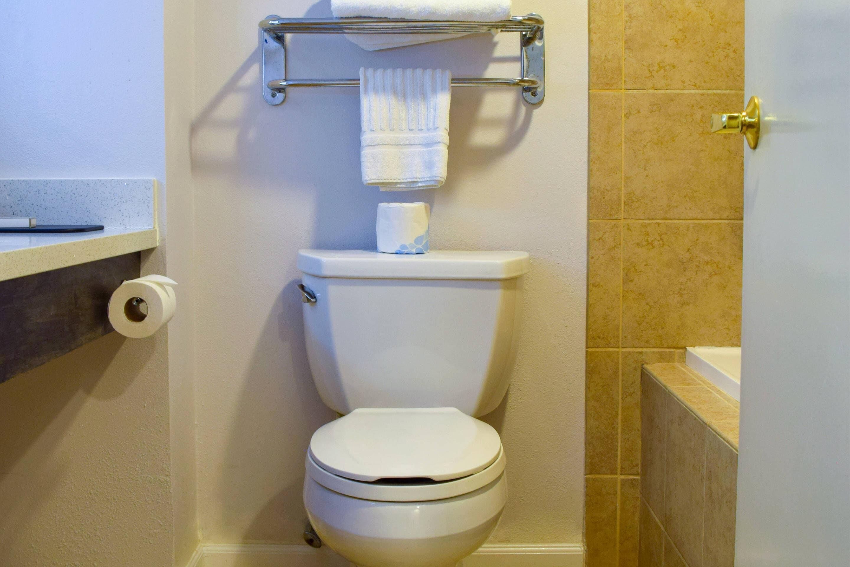 Une salle de bain équipée de toilettes, d’un porte-serviettes et d’un rouleau de papier toilette.