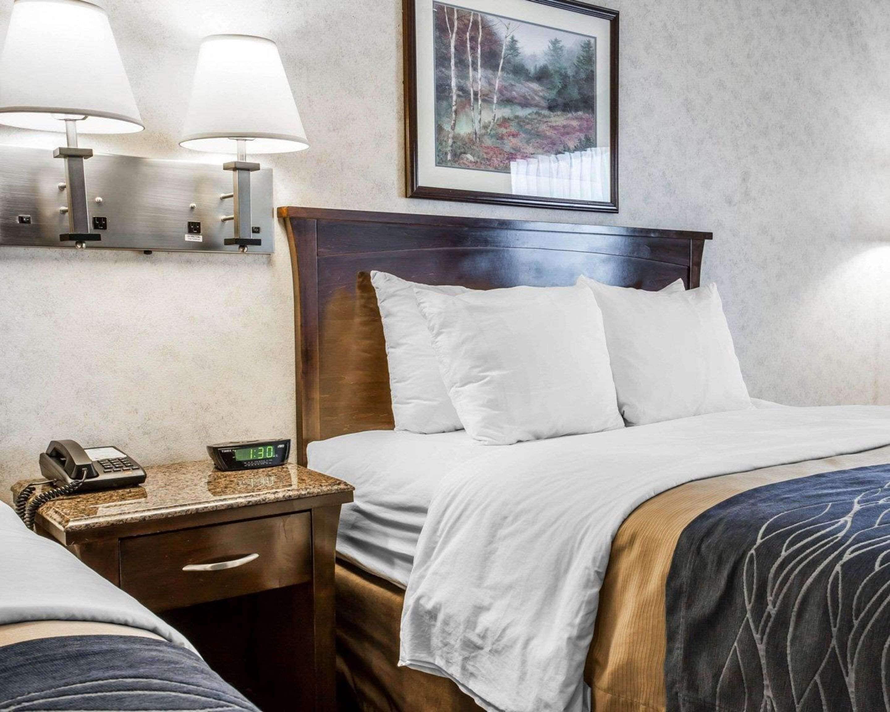 A hotel room with a bed, two bedside lamps, a nightstand with a phone, a digital clock, and a framed picture on the wall.