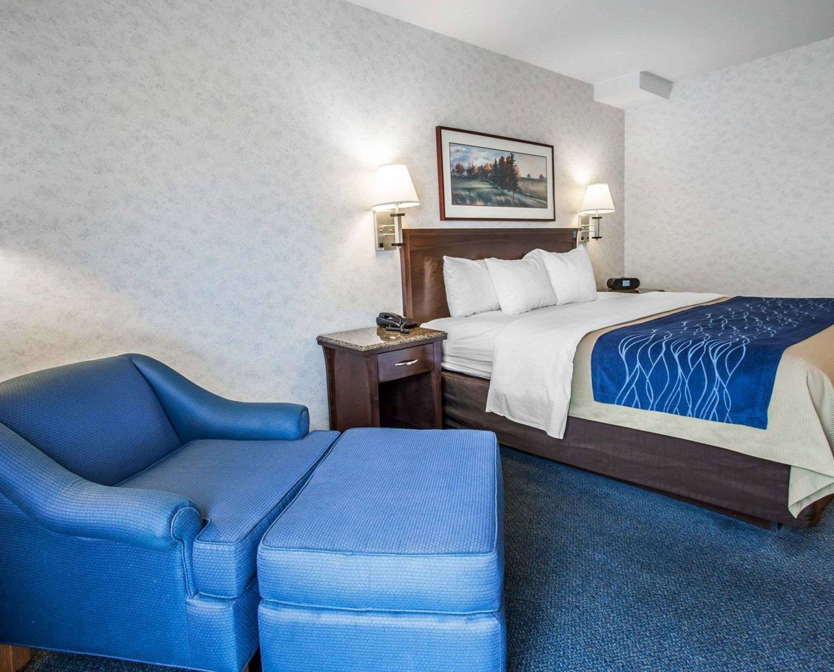 A hotel room with a bed, a desk, a chair, and a nightstand.