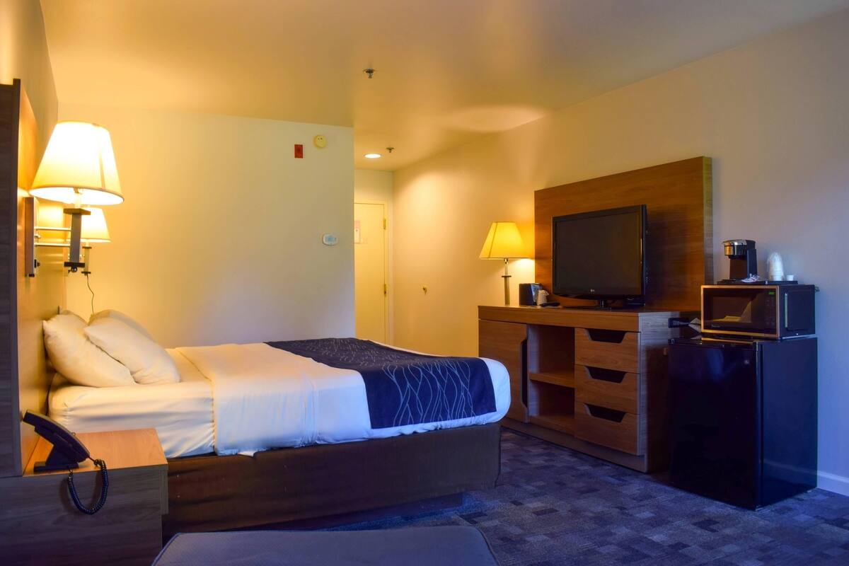 A hotel room with a bed, bedside lamps, a TV, a coffee maker, and a small refrigerator.