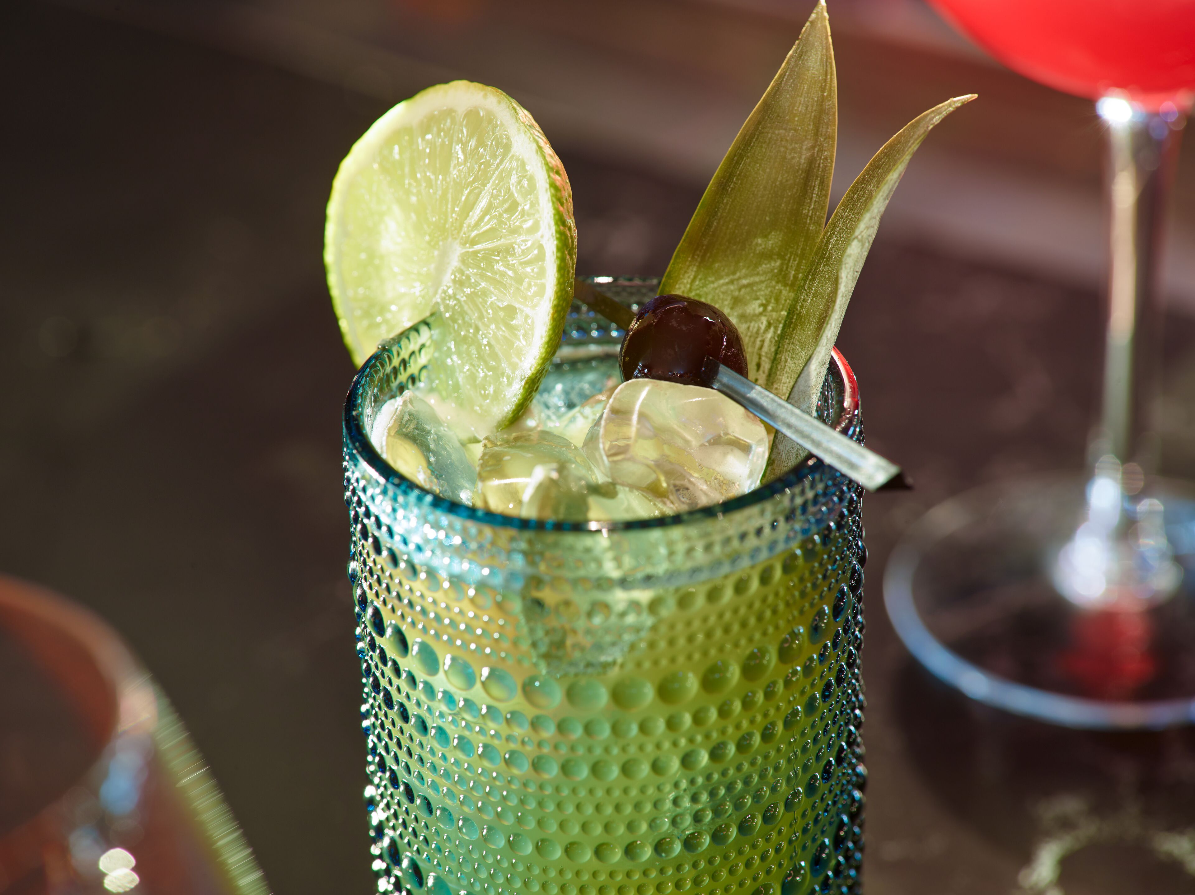 A glass with ice, lime slice, and a mint leaf garnish.